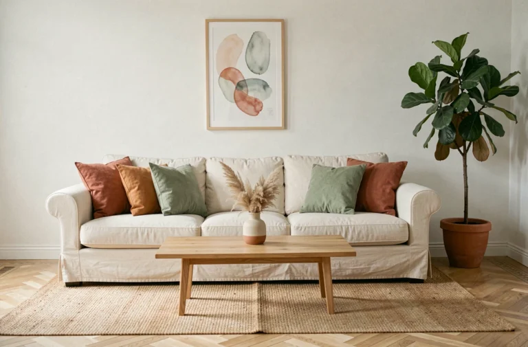 Salon scandinave cosy avec canapé en lin crème, coussins terracotta et plante verte, idéal pour une décoration intérieure inspirante