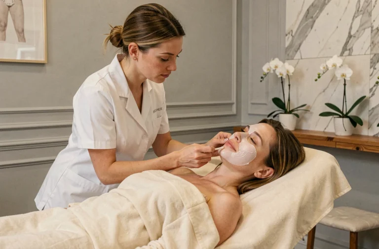 Esthéticienne appliquant un soin du visage à une cliente dans un institut de beauté parisien élégant