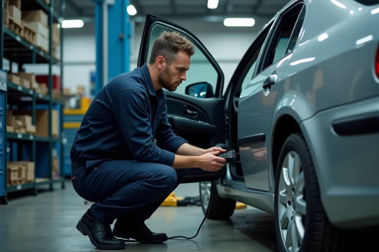 Technicien automobile connectant un outil de diagnostic OBD sur une Peugeot 307 HDI dans un garage professionnel pour réinitialiser le BSI