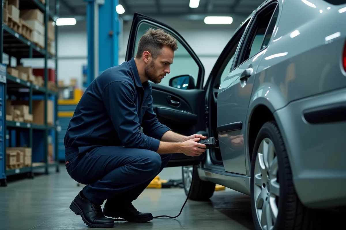 Technicien automobile connectant un outil de diagnostic OBD sur une Peugeot 307 HDI dans un garage professionnel pour réinitialiser le BSI