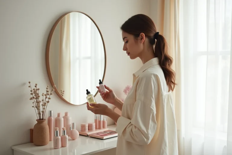 Jeune femme découvrant les dernières tendances beauté avec des produits cosmétiques sur une coiffeuse moderne dans un appartement parisien
