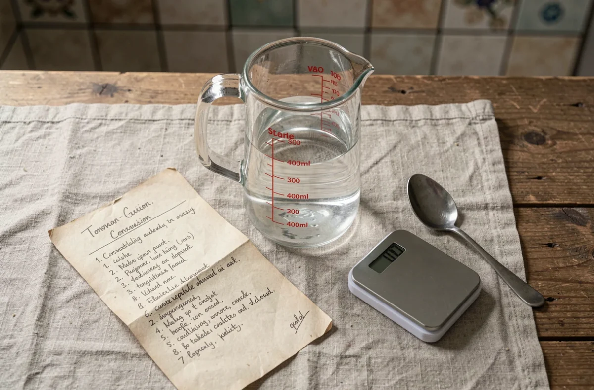 Vue aérienne d'un verre doseur gradué à 400 ml posé sur une table avec un tableau de conversion millilitres en litres manuscrit